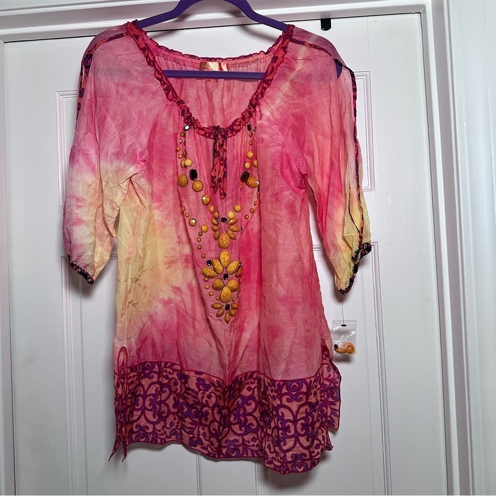 Hale Bob Beaded Blouse Top Silk Blend Round Neck Chic Multicolored Pink Boho S